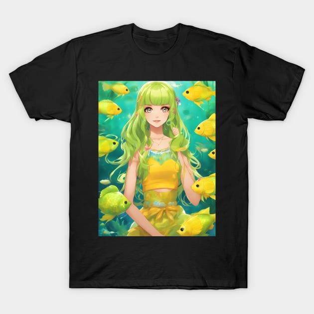 anime girl  collorfull with fish manga T-Shirt by animegirlnft